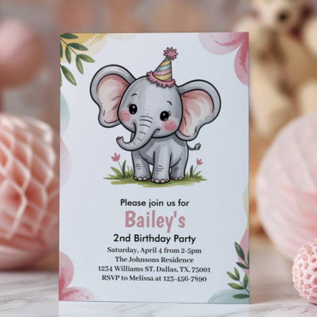 Invitation Enfants Éléphant Rose Mignon 2ème Fête d'Anniversa (Créateur téléchargé)