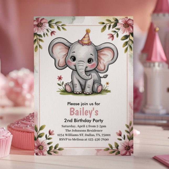 Invitation Enfants Éléphant Rose Mignon 2ème Fête d'Anniversa (Créateur téléchargé)