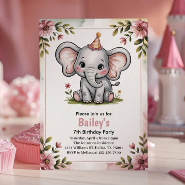 Invitation Enfants Éléphant Rose Mignon 7ème Fête d'Anniversa (Créateur téléchargé)