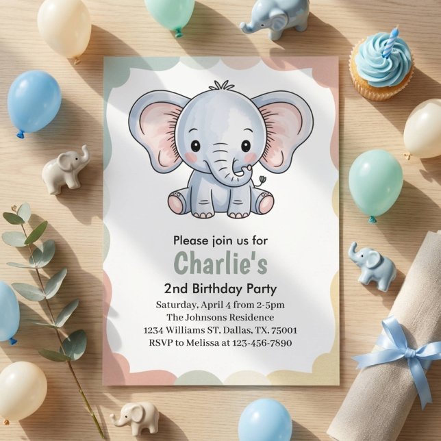 Invitation Enfants Éléphant Vert Mignon Fête d'anniversaire 2 (Créateur téléchargé)