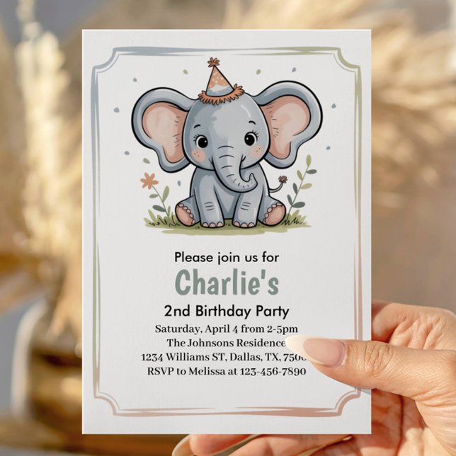 Invitation Enfants Éléphant Vert Mignon Fête d'anniversaire d (Créateur téléchargé)
