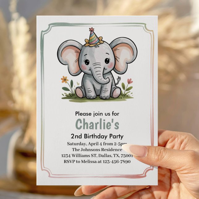 Invitation Enfants Éléphant Vert Mignon Fête d'anniversaire d (Créateur téléchargé)
