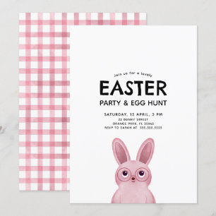 Invitation Enfants Fête de Pâques avec lapin rose portant des