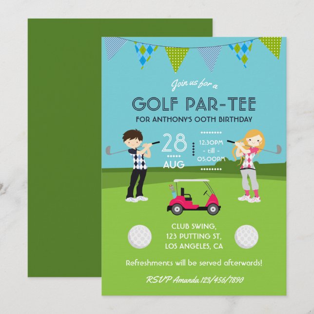 Invitation Enfants Golf Thème Anniversaire Fête Customisée (Devant / Derrière)