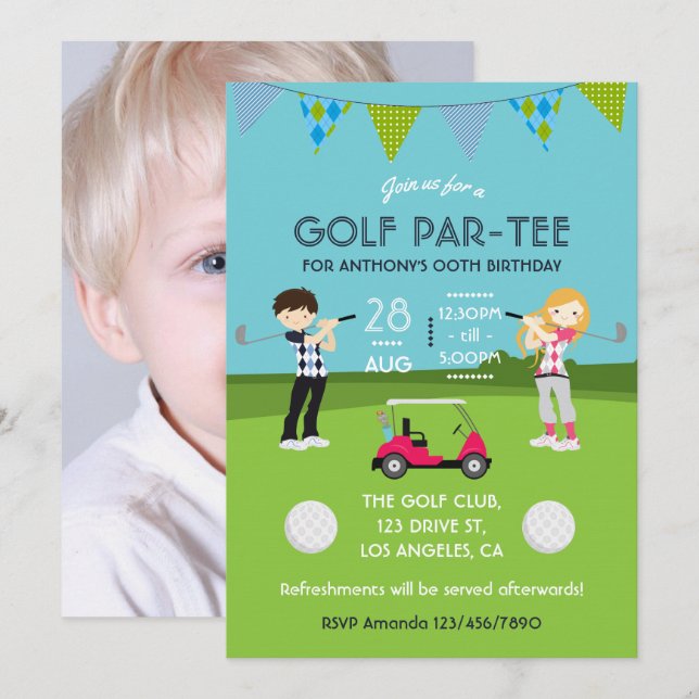Invitation Enfants Golf Thème Anniversaire Fête Photo Invitat (Devant / Derrière)