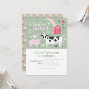 Invitation Enfants Green Fun Farm Animal Vache Anniversaire