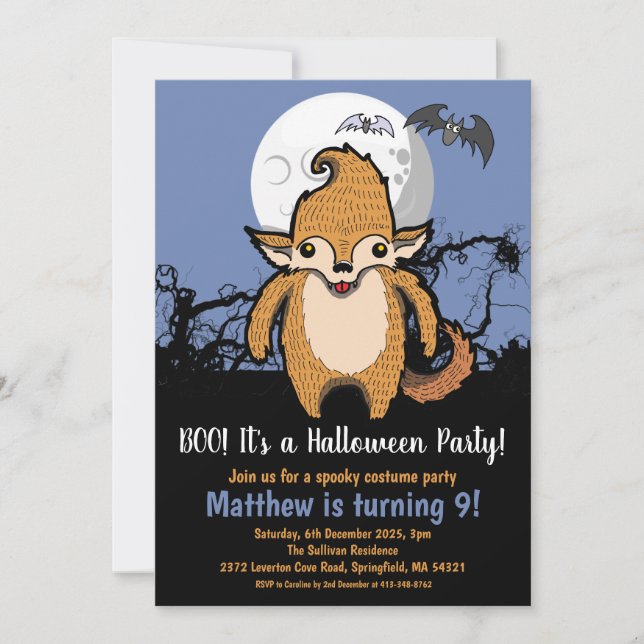 Invitation Enfants Halloween Werewolf Pleine lune Anniversair (Devant)