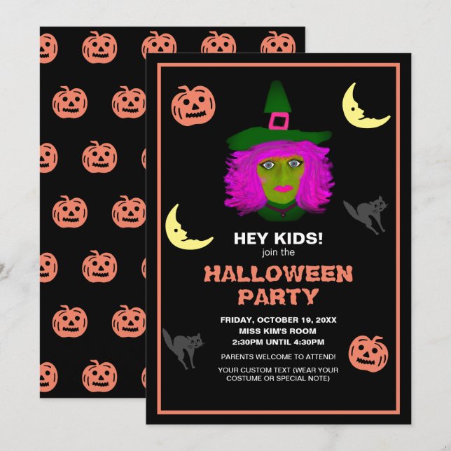 Invitation Enfants Jote Halloween Thème Black Orange Party (Devant / Derrière)