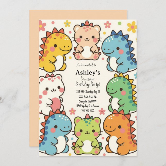 Invitation Enfants Kawaii Dinosaur fête d'anniversaire (Devant / Derrière)