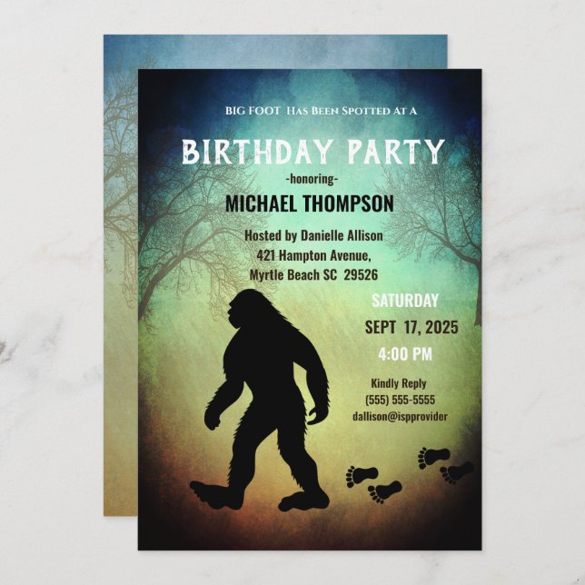 Invitation Enfants mignonne Big Foot / Sasquatatch Anniversai (Devant / Derrière)