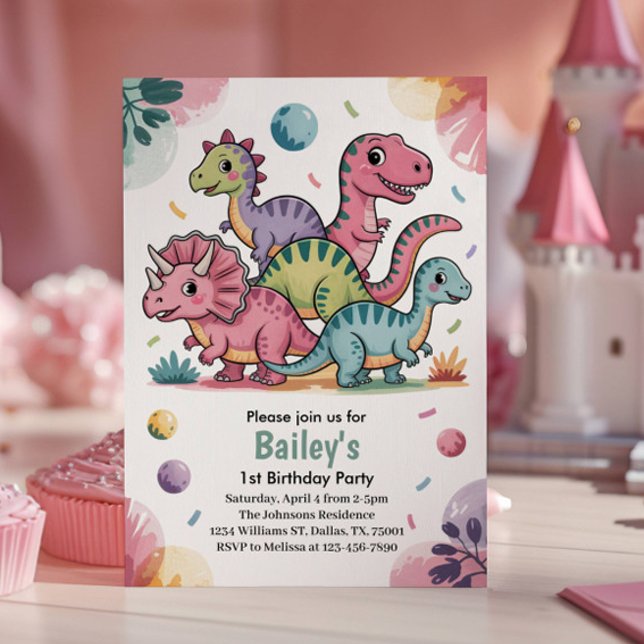 Invitation Enfants mignonne dinosaure rose 1er anniversaire f (Créateur téléchargé)