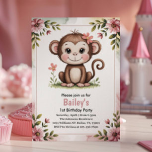 Invitation Enfants mignonne Singe rose 1er anniversaire fête