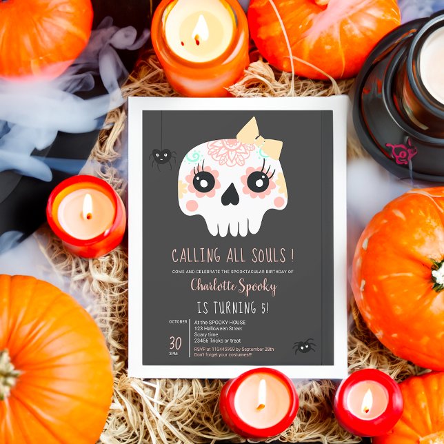 Invitation Enfants mignons Arc rose crâne Halloween 5e annive (Cute kids Skull pink bow Halloween 5th birthday Invitation)