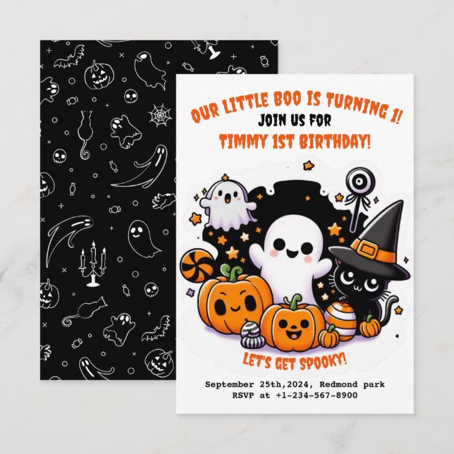 Invitation Enfants mignons Halloween 1er anniversaire Invitat (Devant / Derrière)