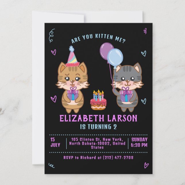 Invitation Enfants mignons Kitty Girl Drôle Chat Kitten Anniv (Devant)
