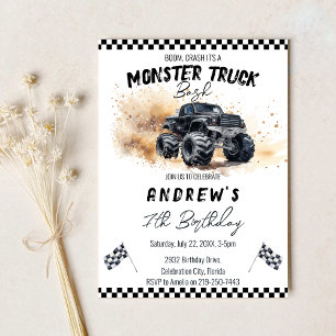 Invitation Enfants modernes Black Monster Trucs Anniversaire