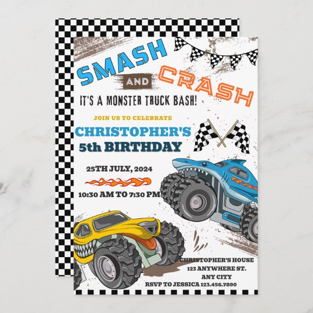 Invitation Enfants modernes Monster Trucks Anniversaire (Devant / Derrière)