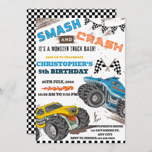 Invitation Enfants modernes Monster Trucks Anniversaire
