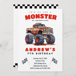 Invitation Enfants modernes Red Monster Trucs fête d'annivers