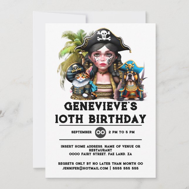 Invitation Enfants numériques pirate anniversaire filles fête (Devant)