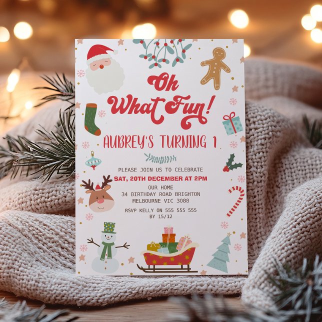 Invitation Enfants Oh Quel Amusant thème de Noël Anniversaire (Oh What Fun Oh Christmas Birthday Party Invitation, Retro 1st Birthday, Winter Holiday, Sleigh, )