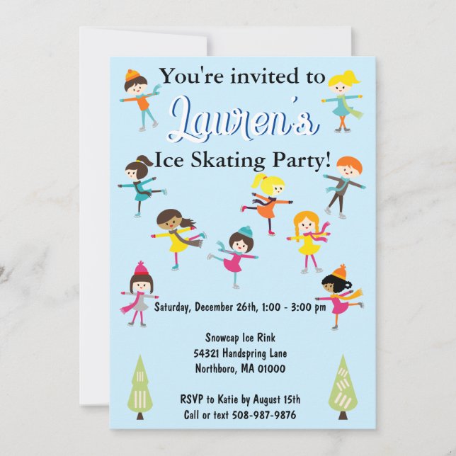 Invitation Enfants Patinage sur glace Anniversaire Fête Invit (Devant)