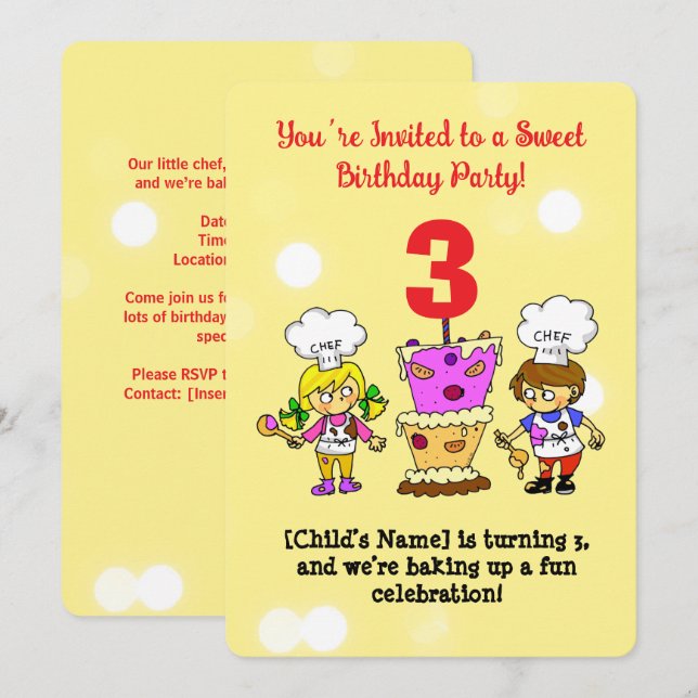 Invitation Enfants Petit Chef Fête d'anniversaire de gâteaux  (Devant / Derrière)