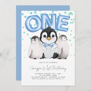 Invitation Enfants pingouins mignons premier anniversaire