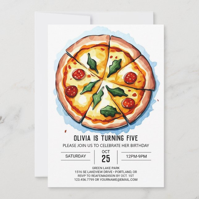 Invitation Enfants Pizza aquarelle Anniversaire (Devant)