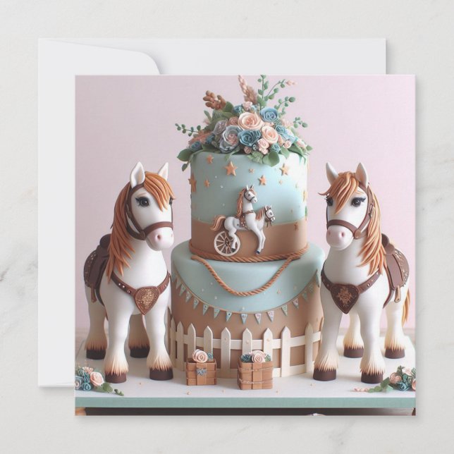 INVITATION ENFANTS PONIES DÉCORÉES GÂTEAU D'ANNIVERSAIRE (Devant)