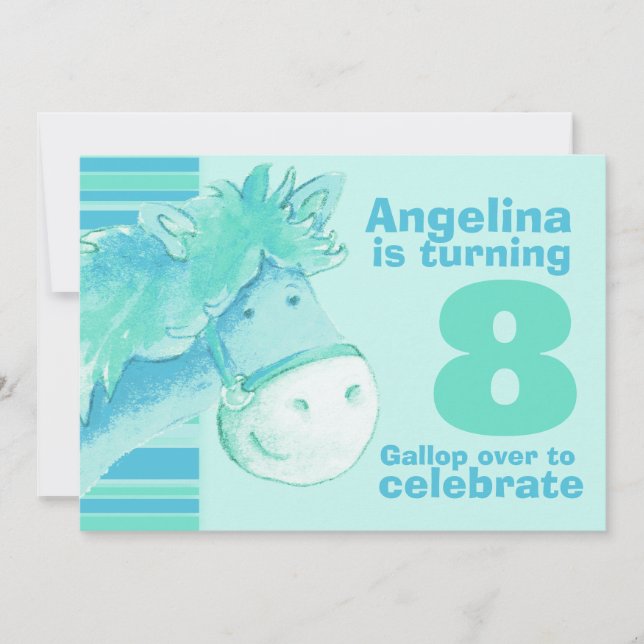 Invitation Enfants pony treking 8 anniversaire aqua anniversa (Devant)