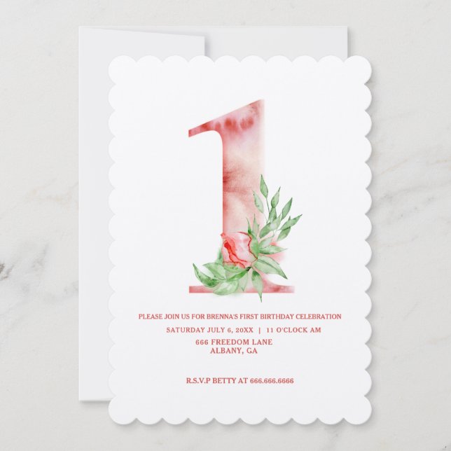 Invitation Enfants premier anniversaire Floral Art Déco fête  (Devant)