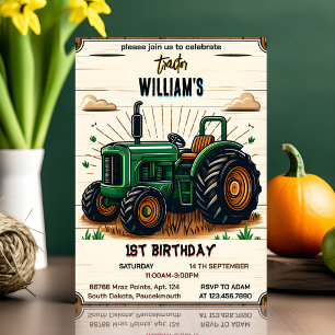 Invitation Enfants retro garçon tracteur cool premier 1er ann
