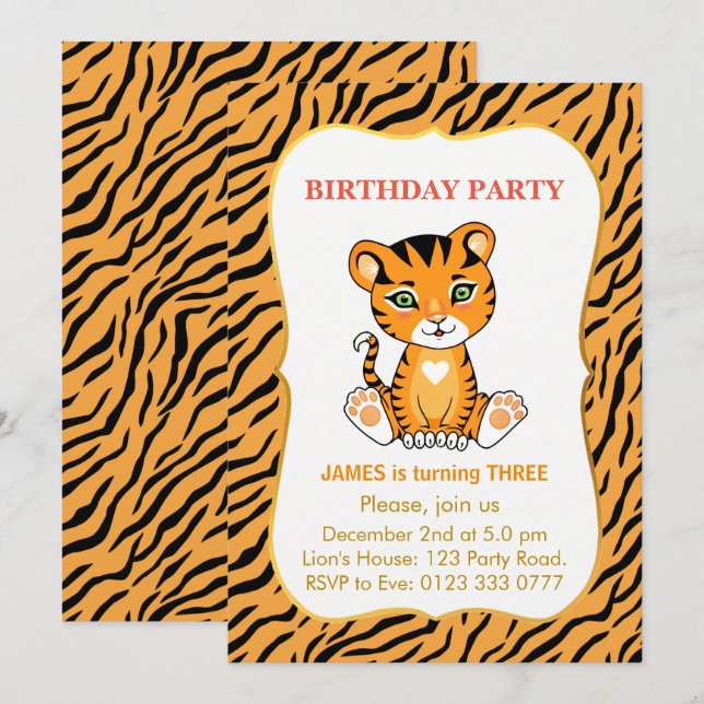 Invitation Enfants Tiger mignonne 3e anniversaire garçon (Devant / Derrière)