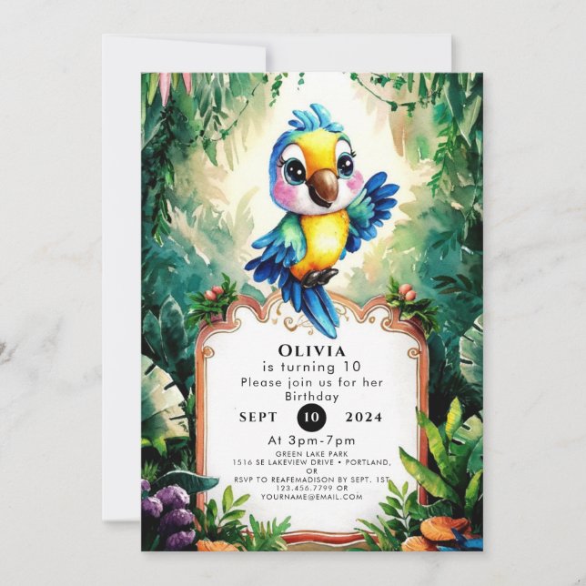 Invitation Enfants Whimsical Parrot Anniversaire (Devant)