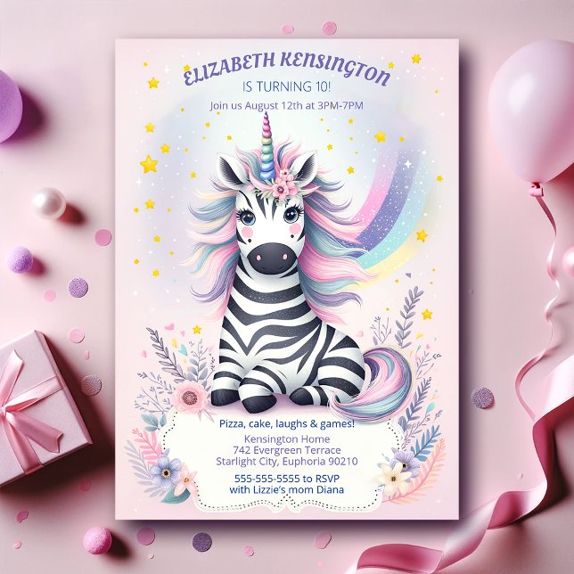 Invitation Enfants Zebra Unicorn Rainbow Birthday Party (Créateur téléchargé)