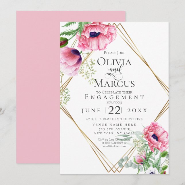 Invitation Engagement Aquarelle Coquelicots Roses (Devant / Derrière)