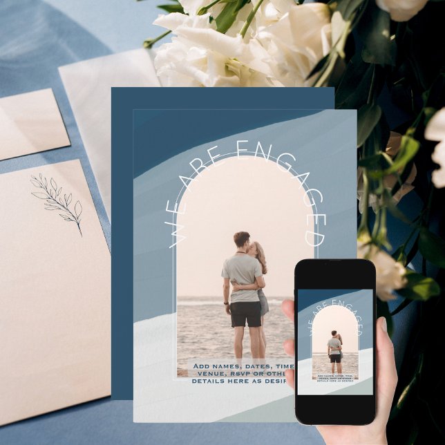 Invitation Engagement tendance | Photo Bandes Bleu Poussiéreu (Créateur téléchargé)