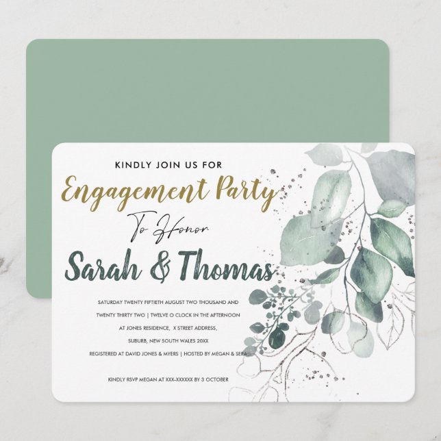 INVITATION ENGAGEMENT VERT EUCALYPTUS VERT WATERCOLOR (Devant / Derrière)