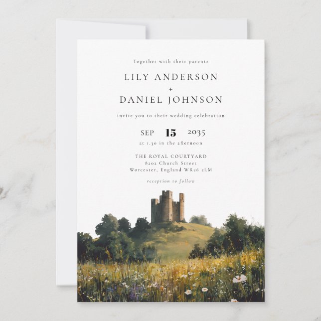 Invitation English Castle Wildflowers Floral Wedding (Devant)