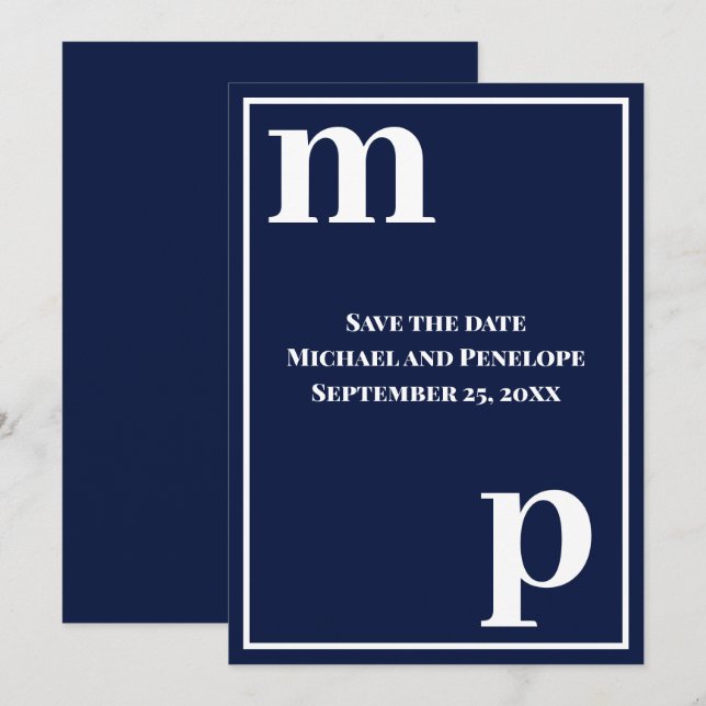 Invitation Énorme Monogramme Bleu Marine Enregistrer la Date  (Devant / Derrière)