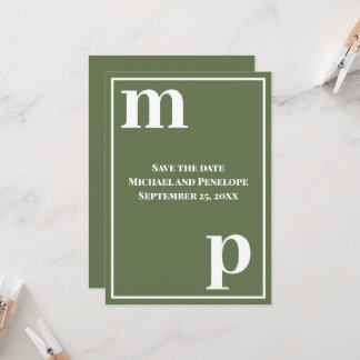 Invitation Énorme Monogramme Vert Olive Enregistrer la Date