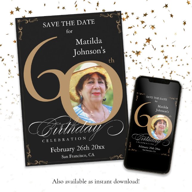 Invitation Enregistrer la date 60e anniversaire Gold et Black (Save The Date 60th Birthday Gold and Black Custom Invitation)