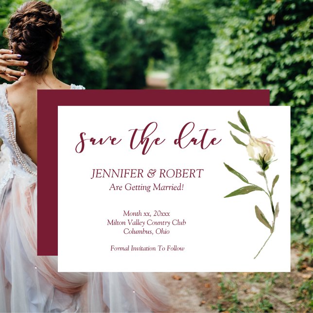 Invitation Enregistrer La Date Aquarelle Roses Blanches Cranb (Save The Date Watercolor White Rose Cranberry Invitation)