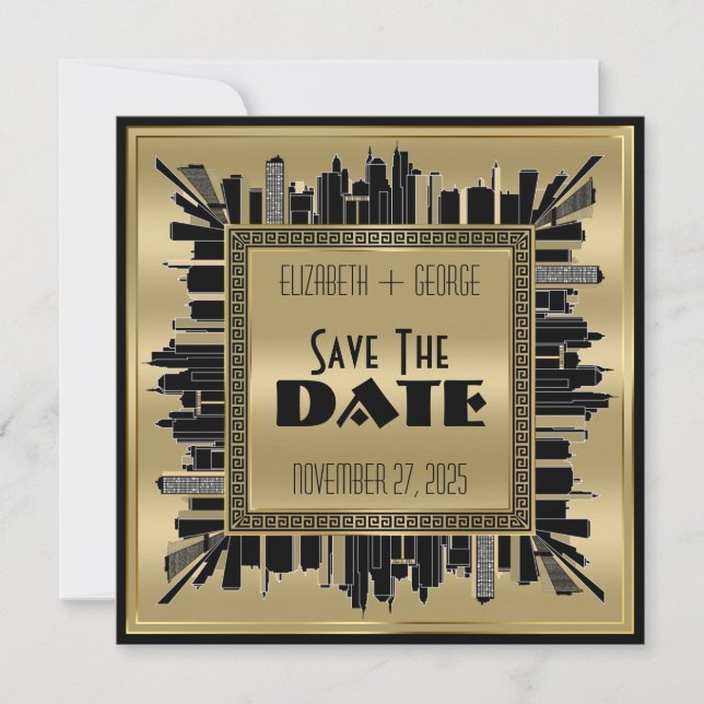 Invitation Enregistrer la date Art Déco Gatsby Glamor Gold Bl (Devant)
