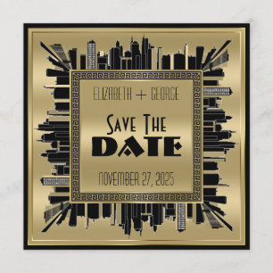 Invitation Enregistrer la date Art Déco Gatsby Glamor Gold Bl