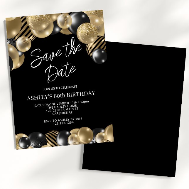 Invitation Enregistrer la date Black Gold 60e anniversaire (Créateur téléchargé)