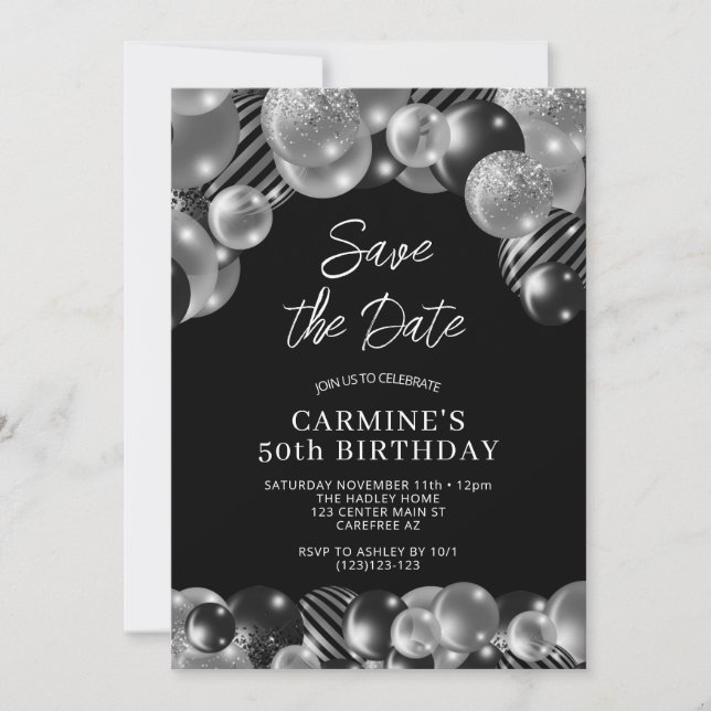Invitation Enregistrer la date Black Silver 50e anniversaire (Devant)