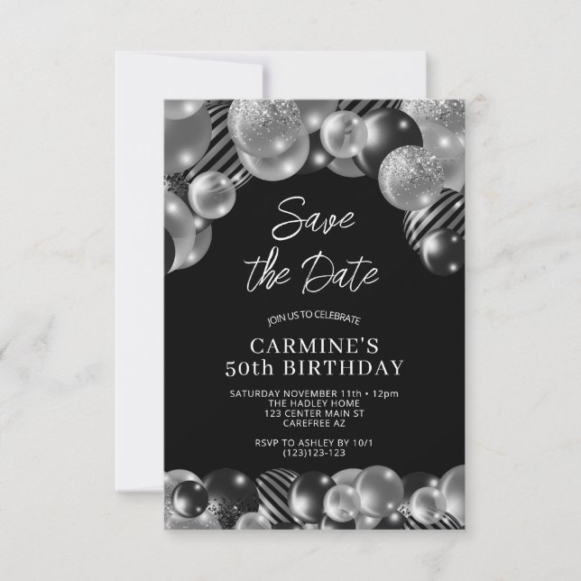 Invitation Enregistrer la date Black Silver 50e anniversaire (Devant)