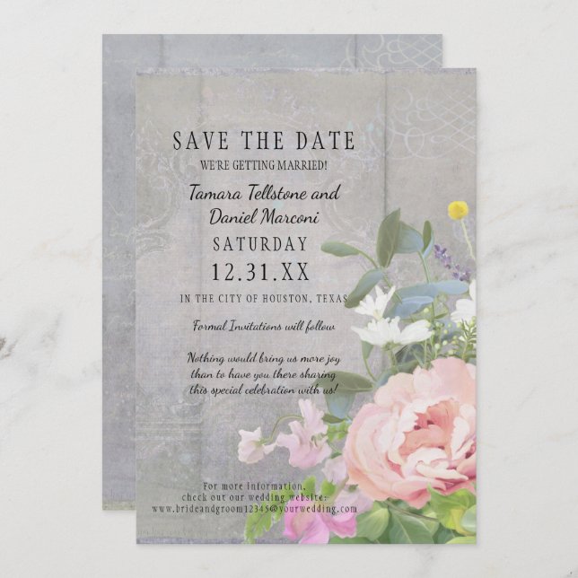 Invitation Enregistrer la date BOHO Rustic Floral Wood Grange (Devant / Derrière)